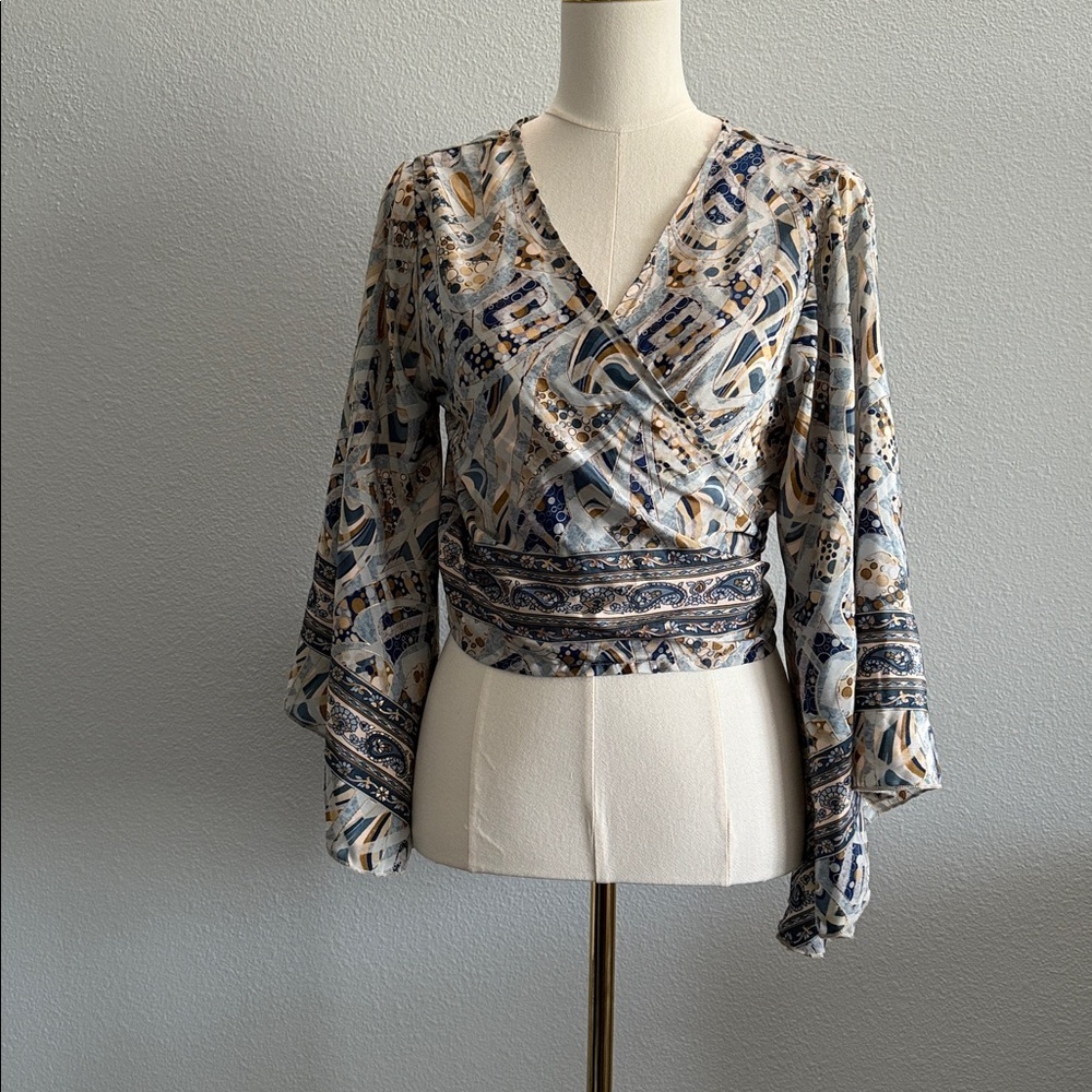 Bigg Bull Silk Blend Boho Wrap Top Bell Sleeve Paisley Print